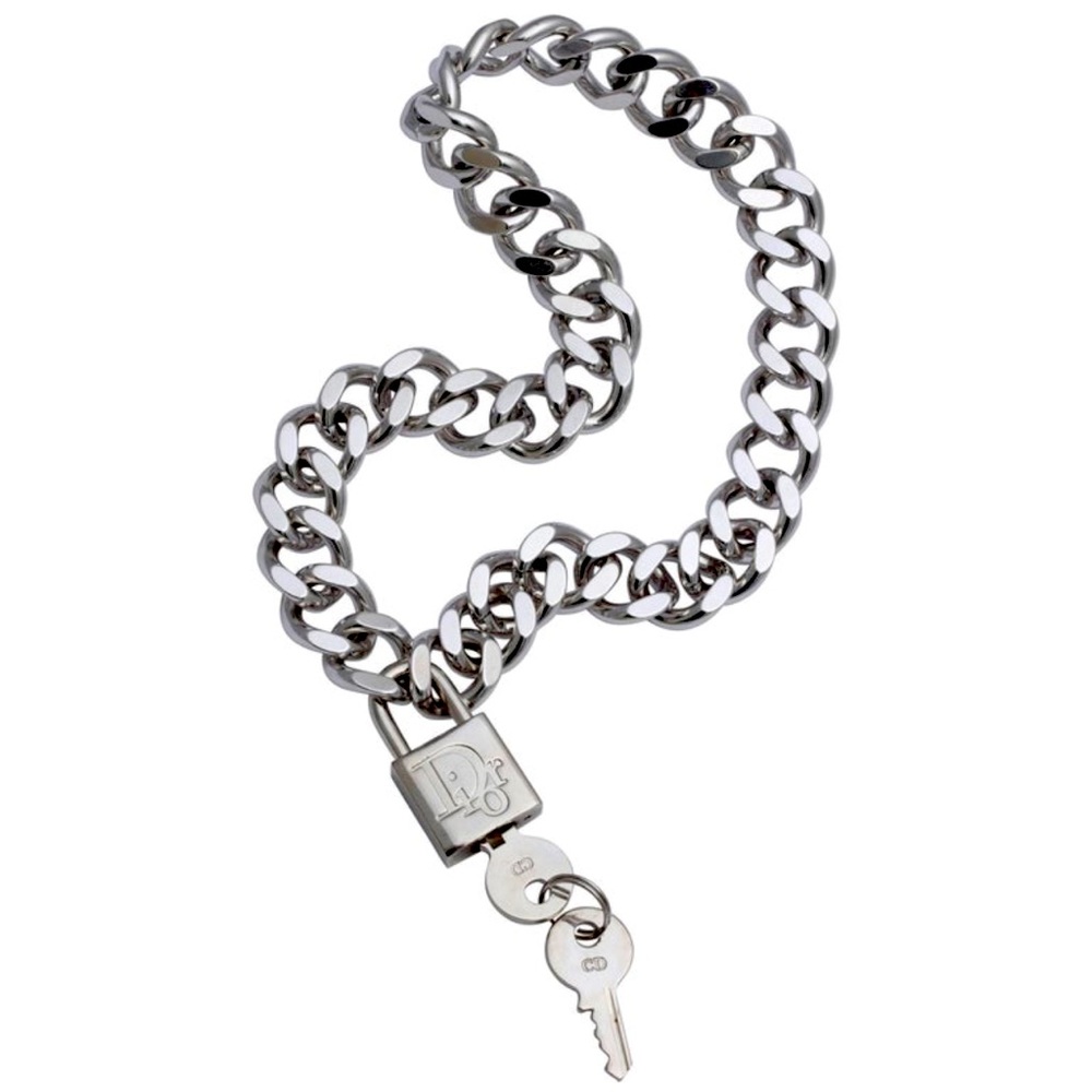 CHRISTIAN DIOR Padlock w/ Key Silver Plated Chain Necklace , vintage